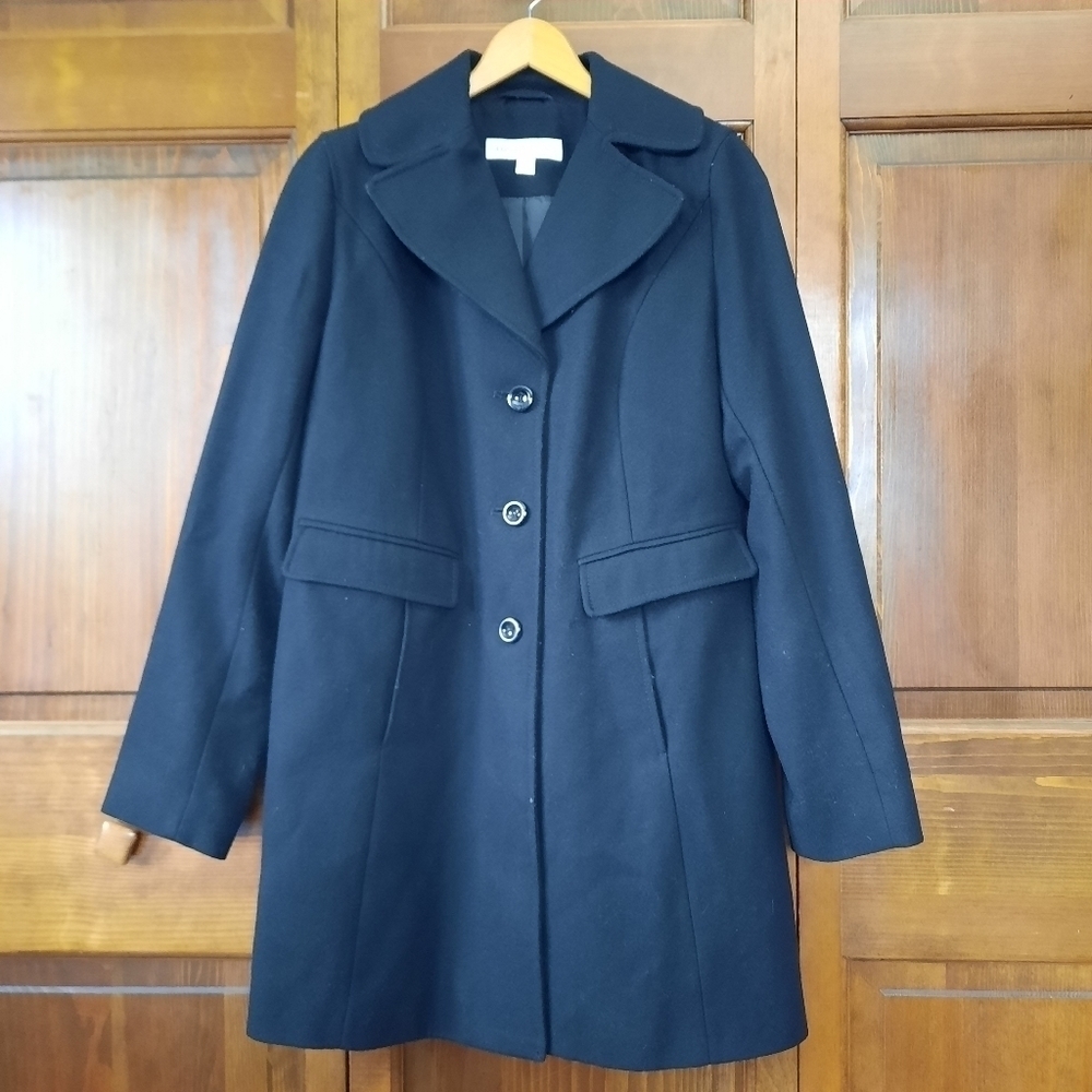 Liz Claiborne Black Wool Blend Long Line Button Front Peacoat Jacket Size M Tall